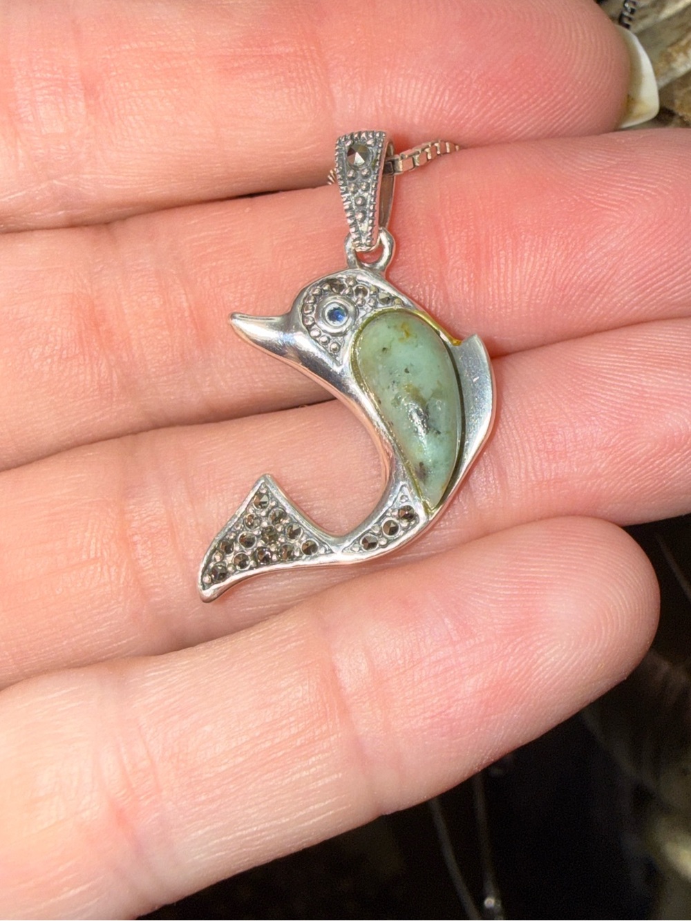 925 Sterling Silver Dolphin Pendant Necklace with JADE Green Stone NEW Marcasite